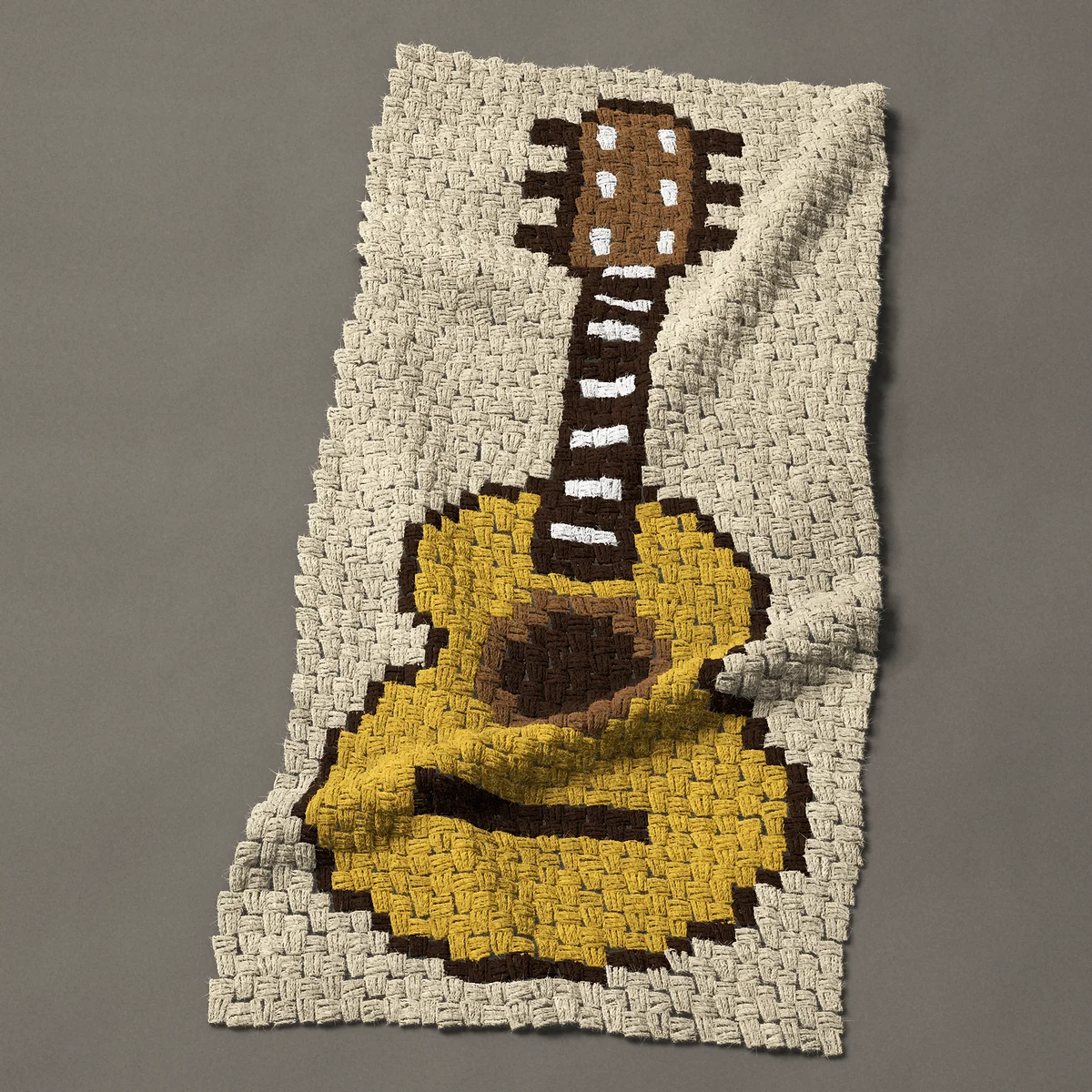 A panel worked corner to corner, 21¾ by 46½ inches: Acoustic guitar standing upright, 29 by 62 blocks