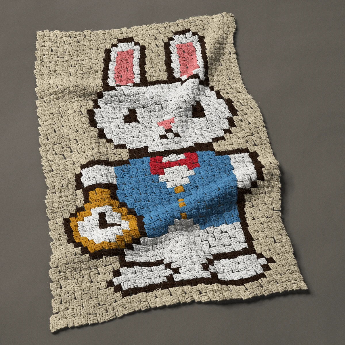 A baby blanket worked corner to corner, 24¾ by 40½ inches: Alice in Wonderland White Rabbit with a pocket watch, 33 by 54 blocks