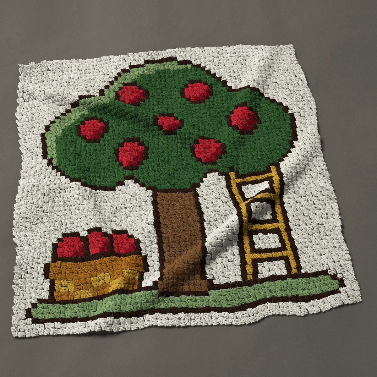 A panel worked corner to corner, 45½ by 48½ inches: Apple picking: apple tree with a ladder and a basket, 61 by 65 blocks