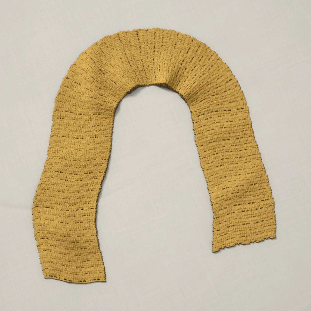 A scarf in arcade stitch, 7¾ by 60 inches, lying in a loose bend
