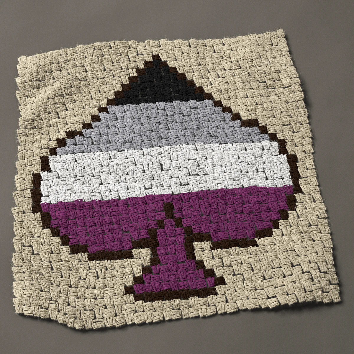 A panel worked corner to corner, 26¼ by 26¼ inches: Asexual pride flag spade: an ace pride ace of spades, 35 by 35 blocks