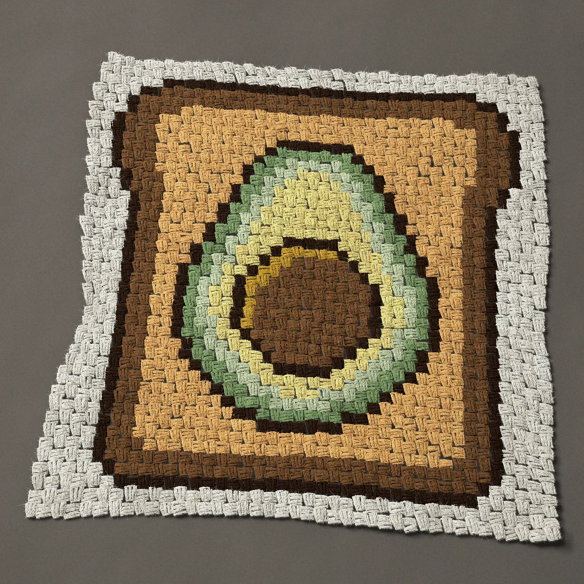 A panel worked corner to corner, 30¾ by 32¼ inches: Avocado toast: half an avocado on a slice of toast, 41 by 43 blocks