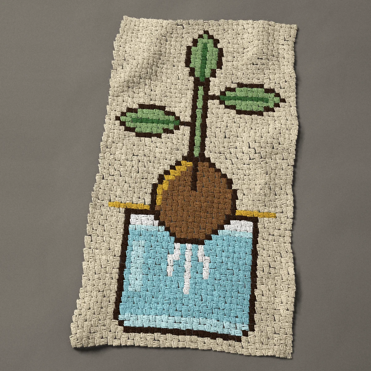 A baby blanket worked corner to corner, 26¼ by 48½ inches: Avocado pit sprouting in a glass of water, 35 by 65 blocks