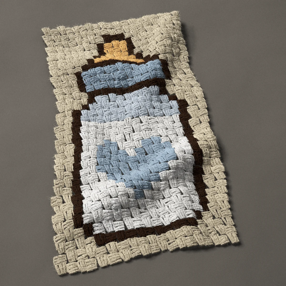 A panel worked corner to corner, 14¼ by 26¼ inches: Baby bottle with a blue heart, 19 by 35 blocks