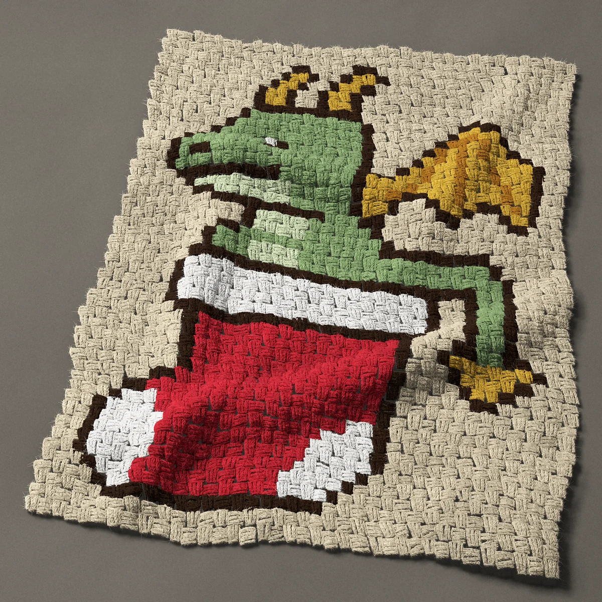 A baby blanket worked corner to corner, 27¾ by 36¾ inches: Baby dragon in a red Christmas stocking, 37 by 49 blocks