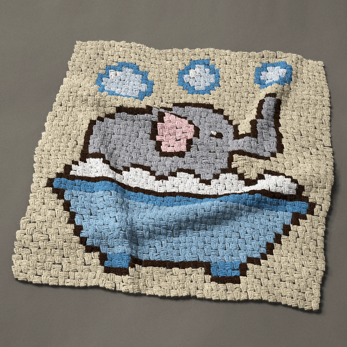 A baby blanket worked corner to corner, 33¾ by 36¾ inches: Baby elephant in a bubble bath with soap bubbles, 45 by 49 blocks