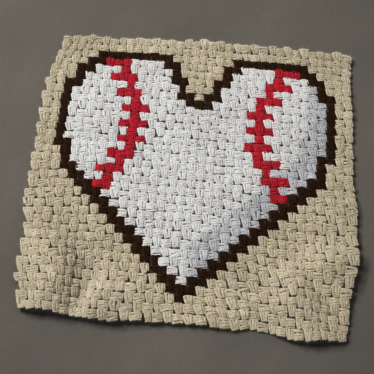 A panel worked corner to corner, 26¼ by 25½ inches: Baseball heart with red stitching, 35 by 34 blocks