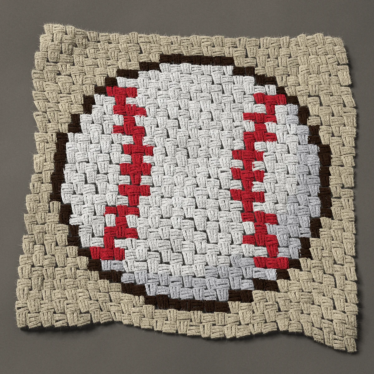 A panel worked corner to corner, 21¾ by 21¾ inches: Baseball with red stitching, 29 by 29 blocks