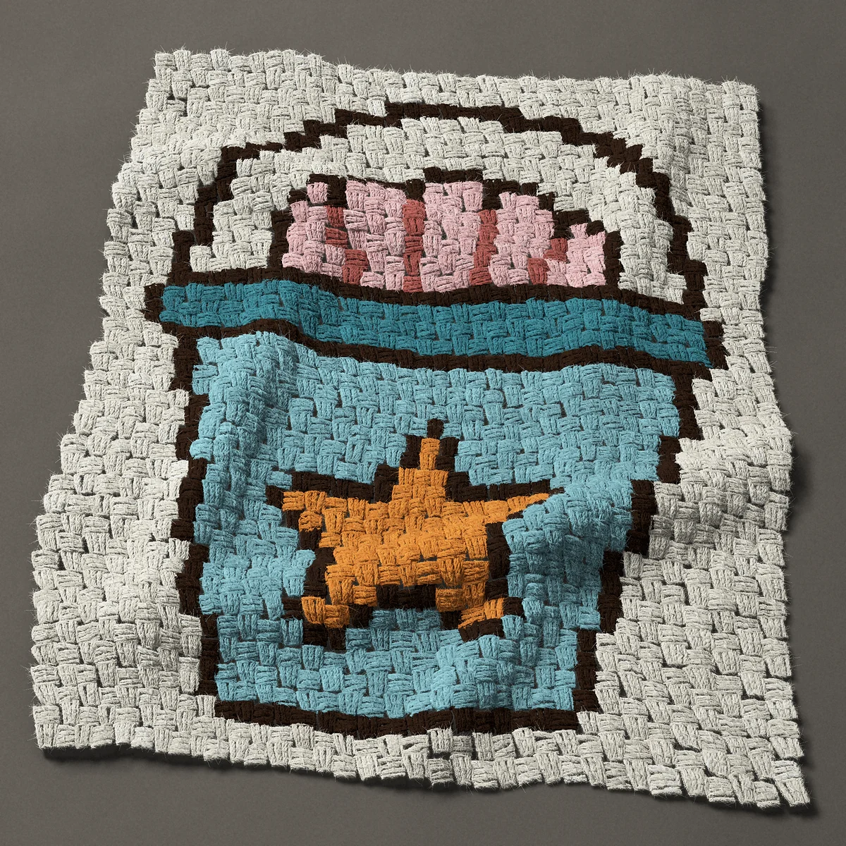 A panel worked corner to corner, 26¼ by 33 inches: Beach bucket with a scallop seashell and a starfish, 35 by 44 blocks