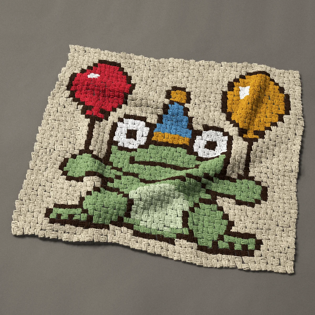 A panel worked corner to corner, 35¼ by 33 inches: Birthday frog in a party hat holding two balloons, 47 by 44 blocks