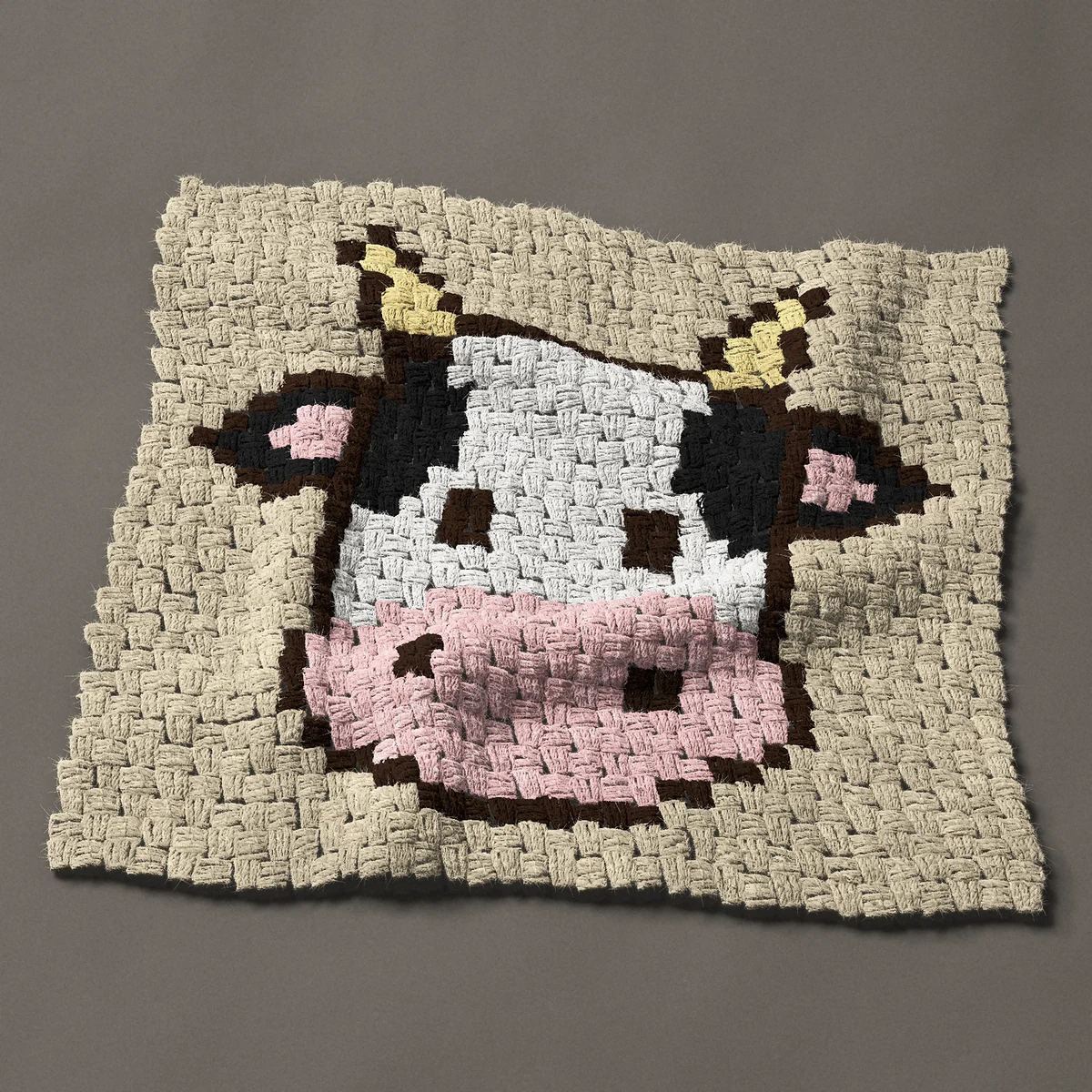 A panel worked corner to corner, 26¼ by 24¾ inches: Black and white cow face with a pink nose, 35 by 33 blocks