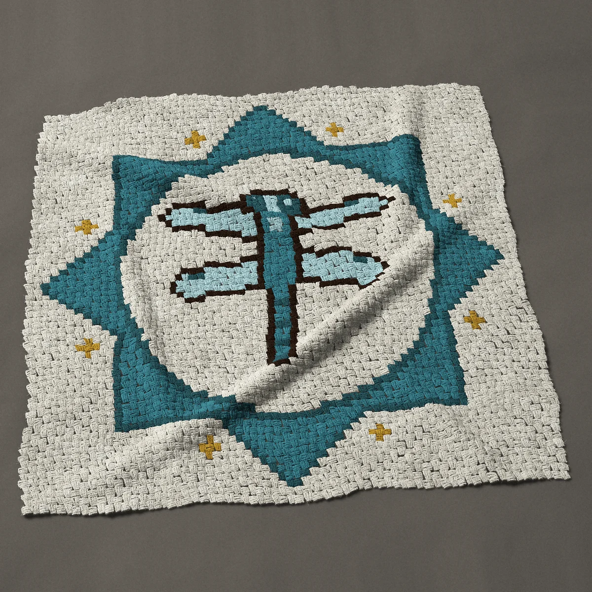A throw worked corner to corner, 51 by 51 inches: Blue dragonfly in an eight-point star medallion, 68 by 68 blocks