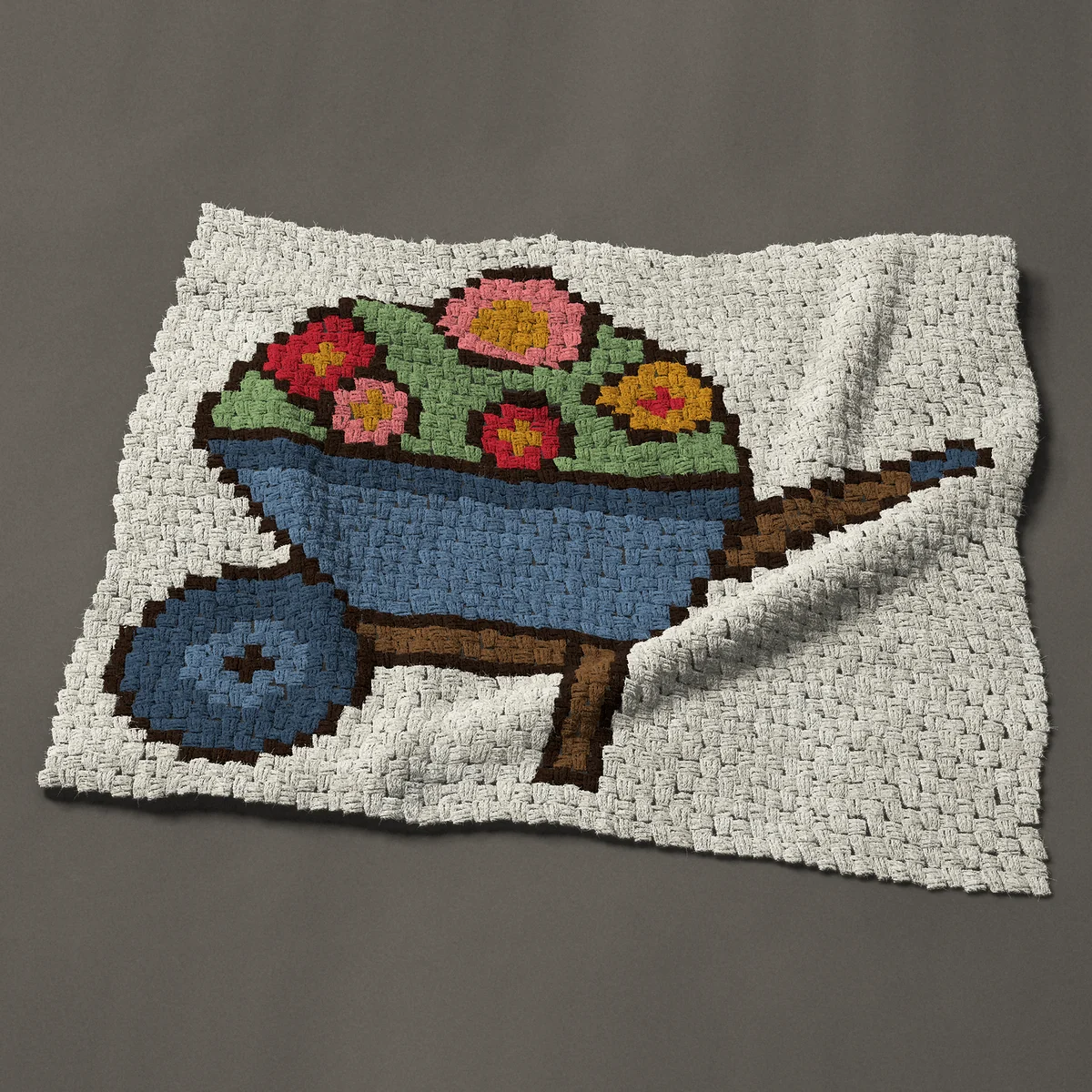 A baby blanket worked corner to corner, 42 by 34½ inches: Blue garden wheelbarrow full of flowers, 56 by 46 blocks