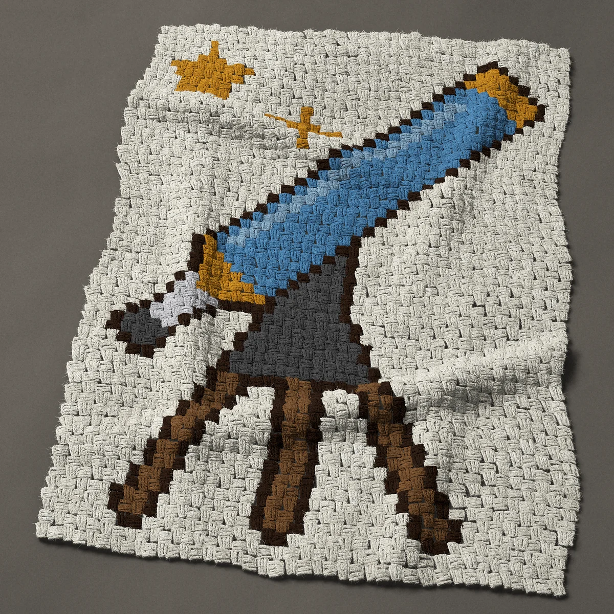 A baby blanket worked corner to corner, 30¾ by 42½ inches: Blue telescope on a wooden tripod with two gold stars, 41 by 57 blocks