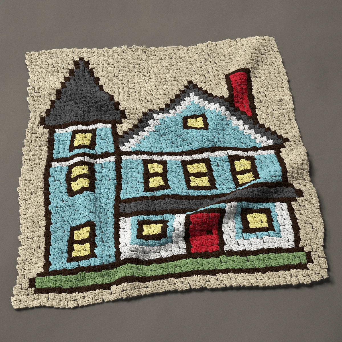 A baby blanket worked corner to corner, 38 by 42 inches: Blue Victorian house with a turret and lit windows, 51 by 56 blocks