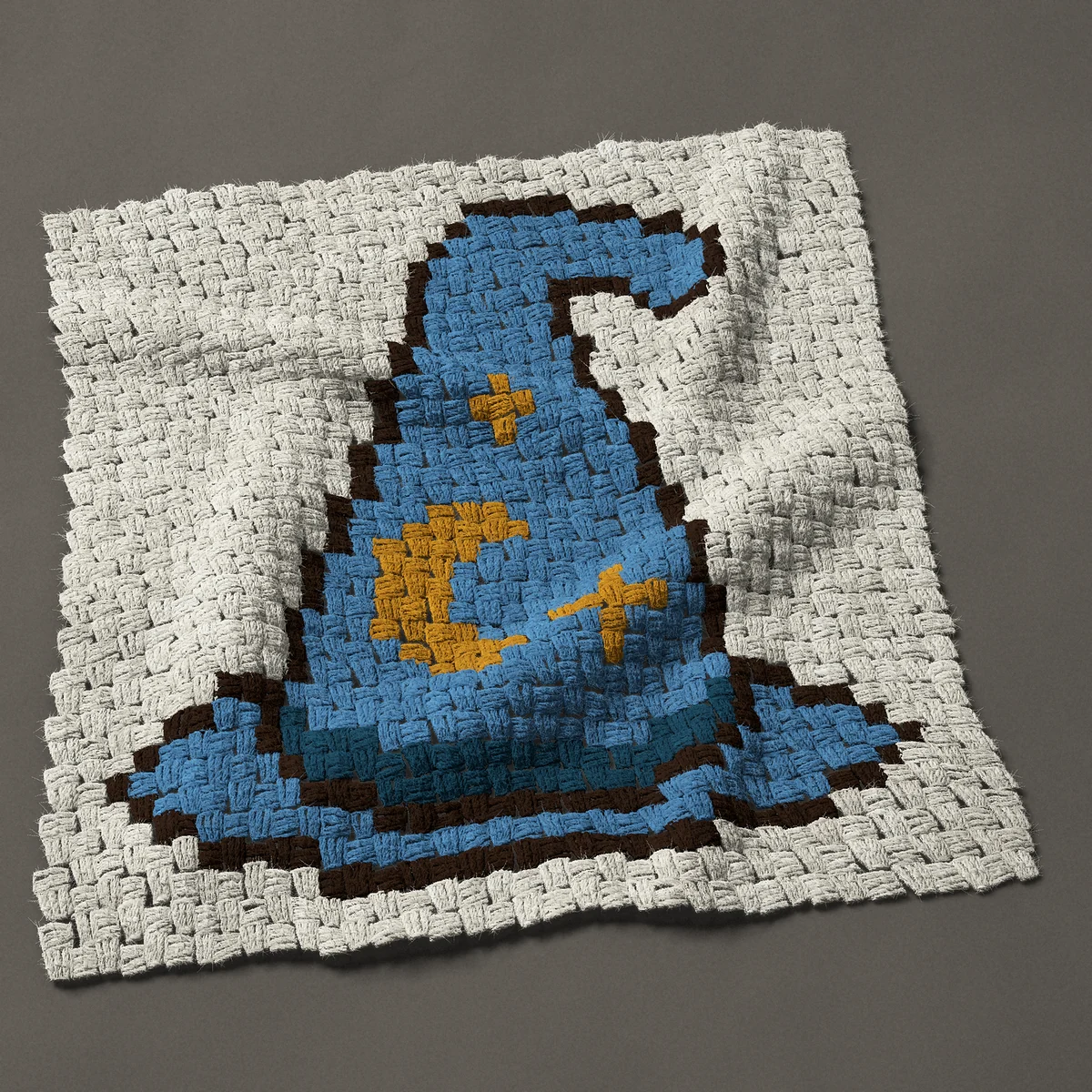 A panel worked corner to corner, 27¾ by 28½ inches: Wizard hat with a gold crescent moon and stars, 37 by 38 blocks