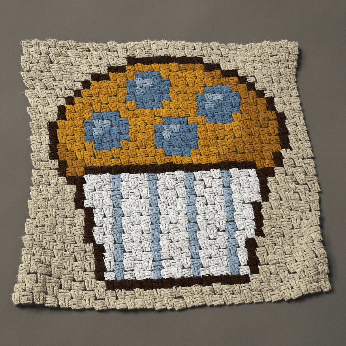 A panel worked corner to corner, 23¼ by 24 inches: Blueberry muffin in a striped paper case, 31 by 32 blocks
