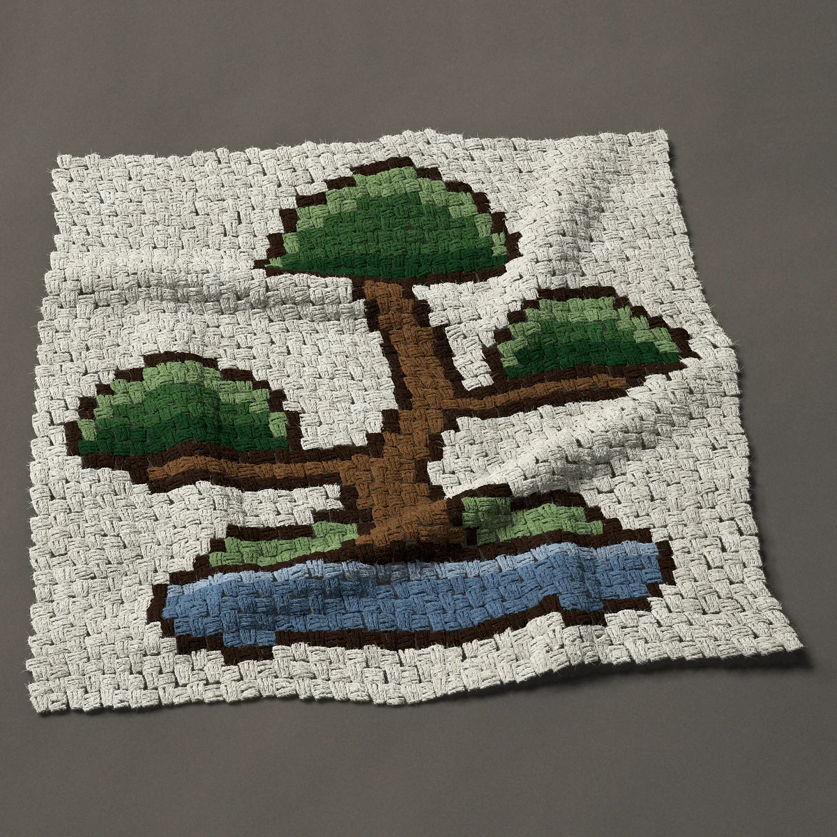 A panel worked corner to corner, 33¾ by 33¾ inches: Bonsai tree in a shallow blue dish, 45 by 45 blocks