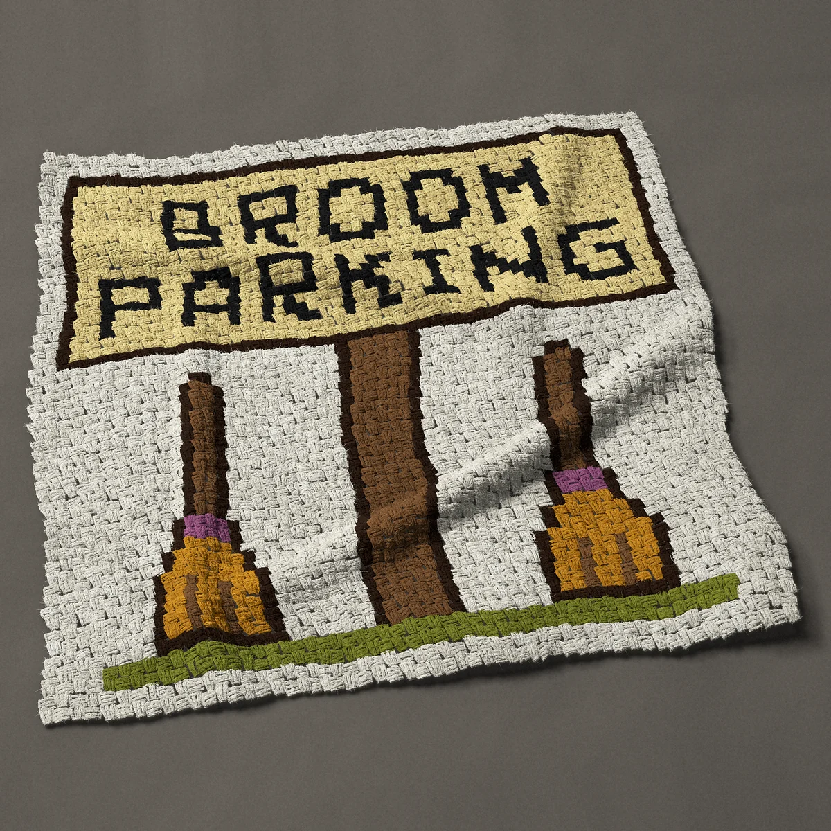A panel worked corner to corner, 42½ by 42½ inches: Broom Parking sign with two witch brooms for Halloween, 57 by 57 blocks