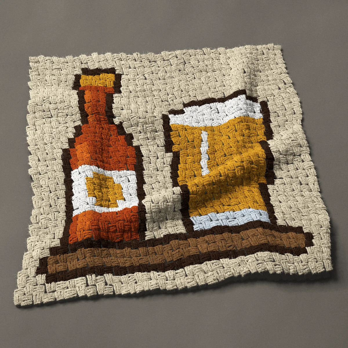 A panel worked corner to corner, 27¾ by 28½ inches: Brown beer bottle and a pint glass of beer on a bar, 37 by 38 blocks