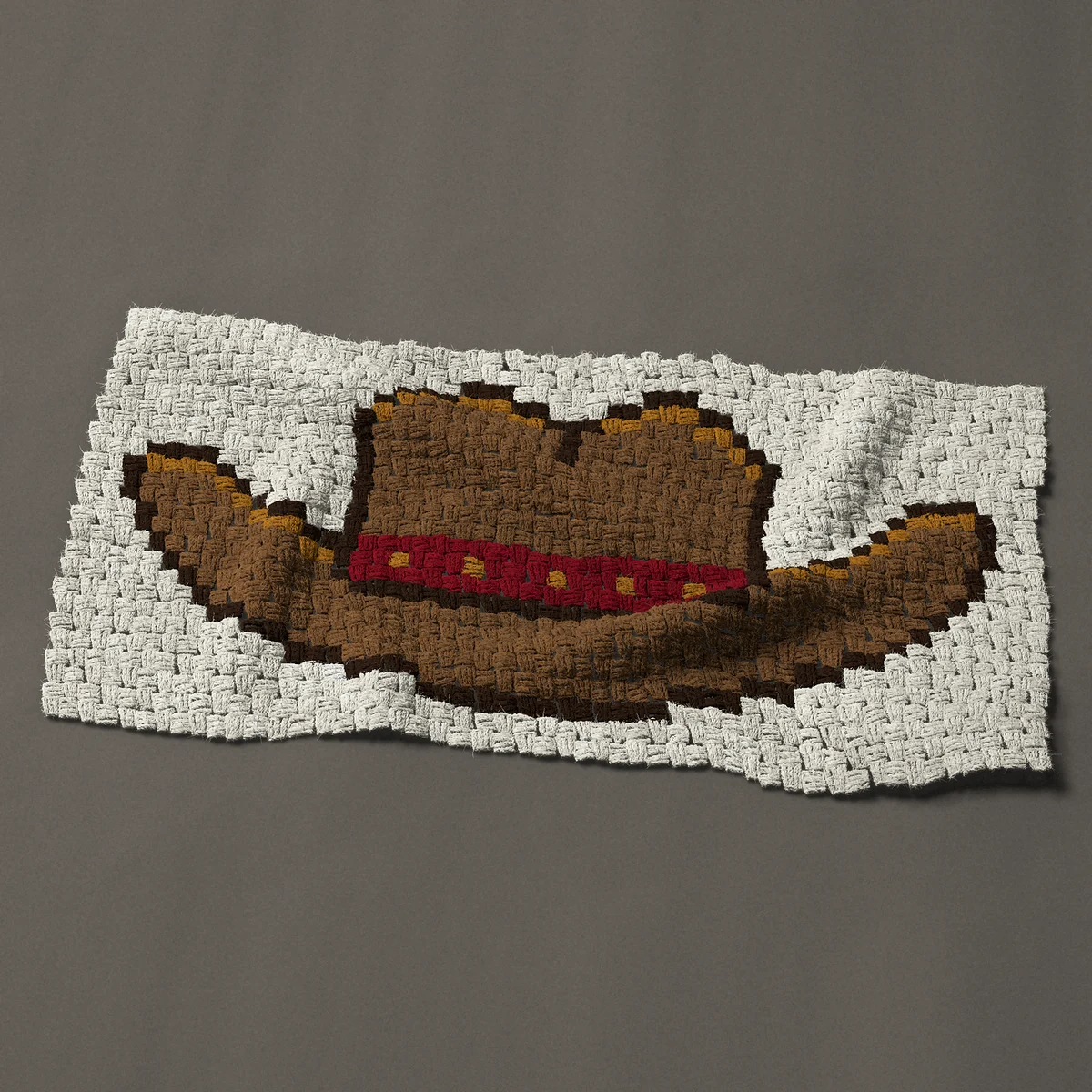 A panel worked corner to corner, 38 by 19½ inches: Brown cowboy hat with a dark red band and gold studs, 51 by 26 blocks