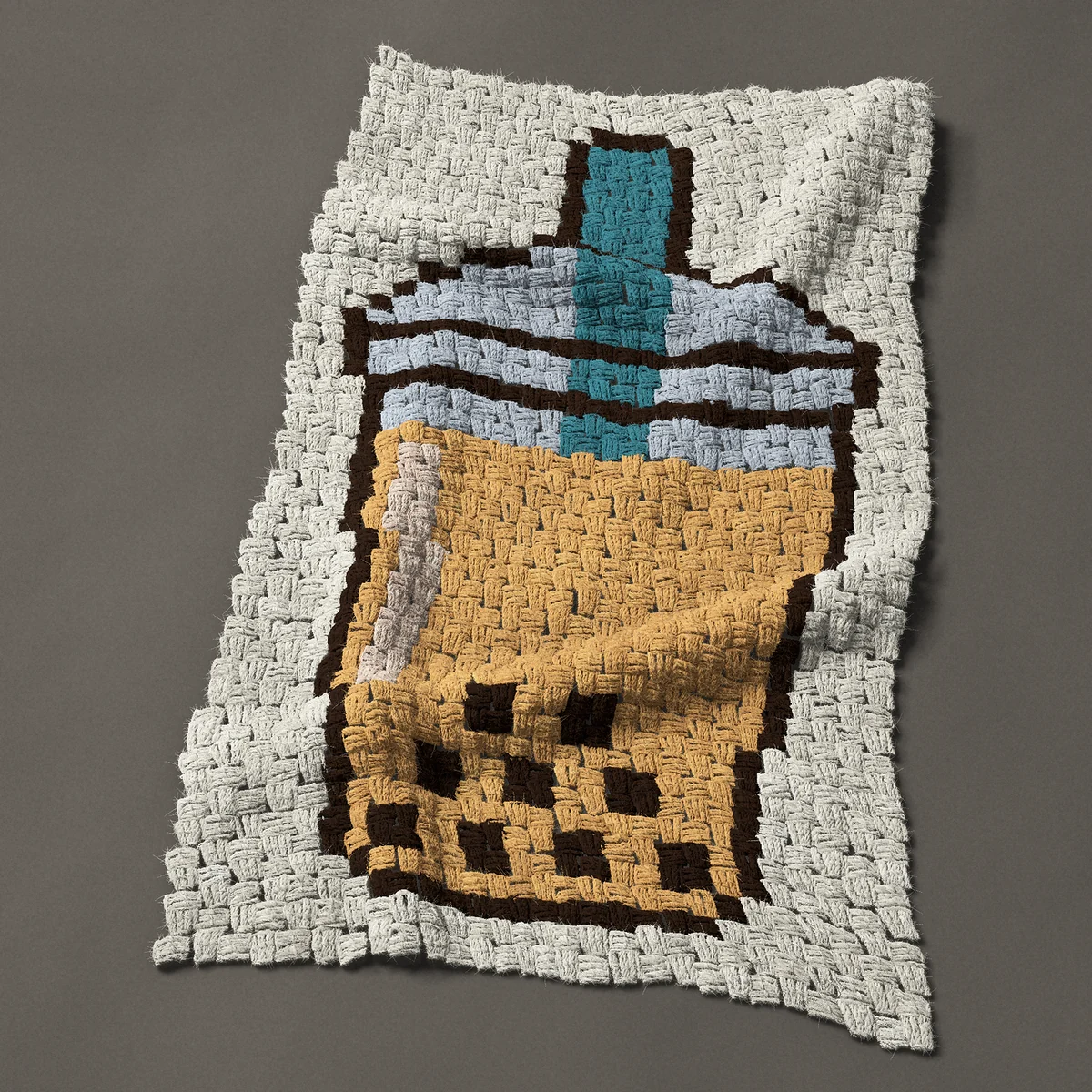 A panel worked corner to corner, 21 by 36 inches: Bubble tea cup with tapioca pearls, boba milk tea, 28 by 48 blocks