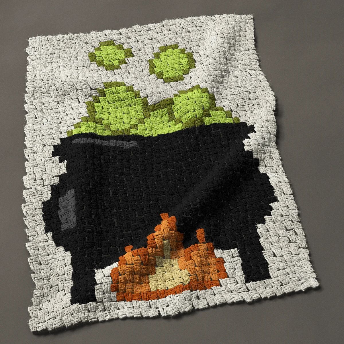 A panel worked corner to corner, 26¼ by 36 inches: Bubbling witches cauldron over a fire, 35 by 48 blocks