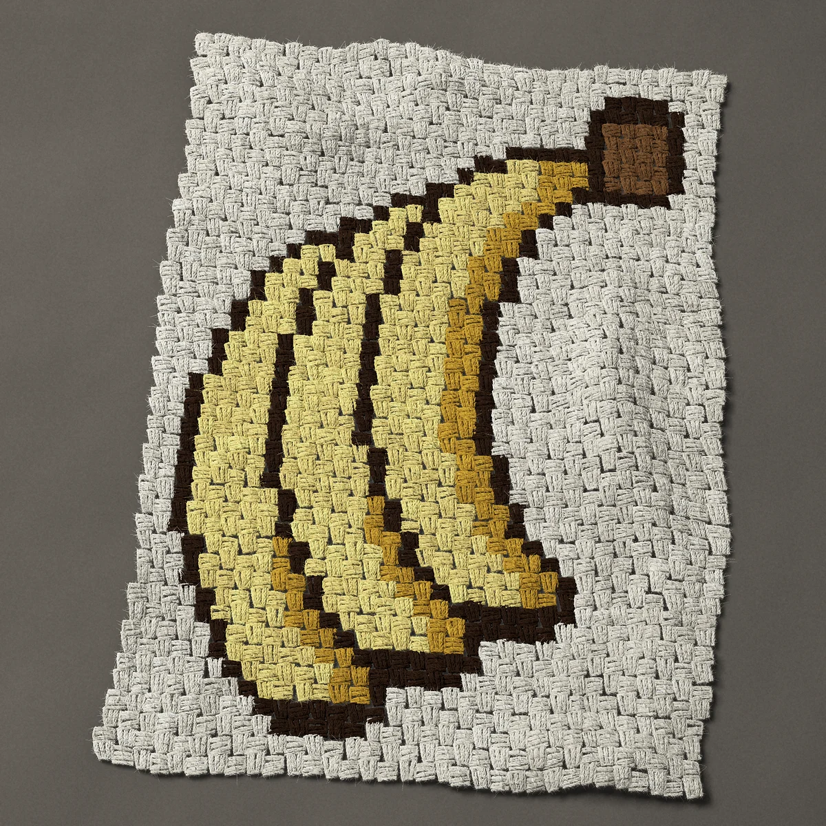 A panel worked corner to corner, 24¾ by 34½ inches: Bunch of yellow bananas on a brown stalk, 33 by 46 blocks