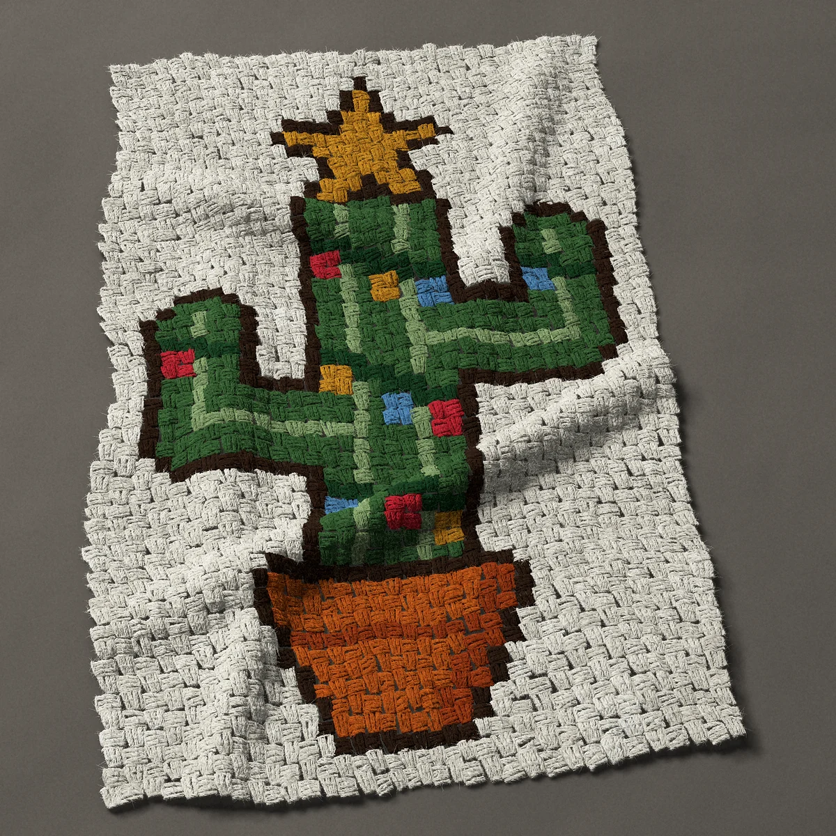 A baby blanket worked corner to corner, 26¼ by 42 inches: Cactus Christmas tree with lights and a gold star, 35 by 56 blocks