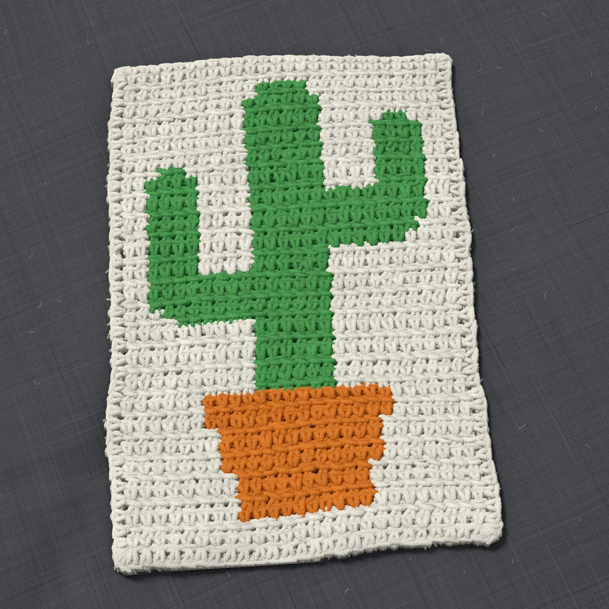 A panel in single crochet, 8 by 12 inches: a cactus in green and orange on a cream ground, 26 stitches by 45 rows