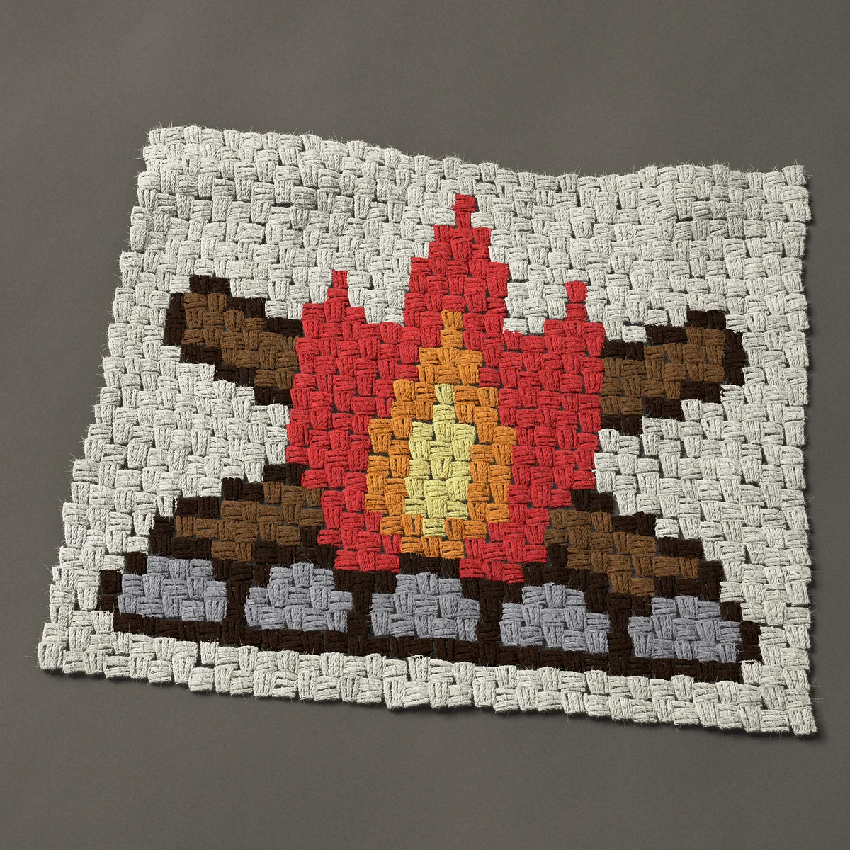 A panel worked corner to corner, 26¼ by 21¾ inches: Camping campfire with crossed logs and a stone ring, 35 by 29 blocks