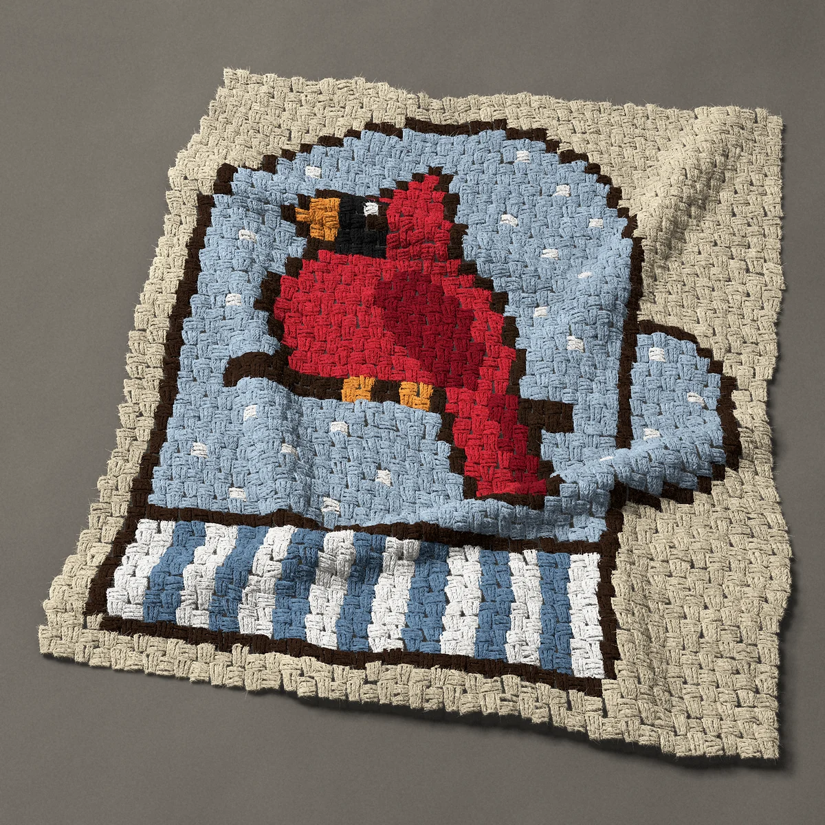 A baby blanket worked corner to corner, 32¼ by 39 inches: Cardinal mitten: red cardinal on a blue mitten in snow, 43 by 52 blocks