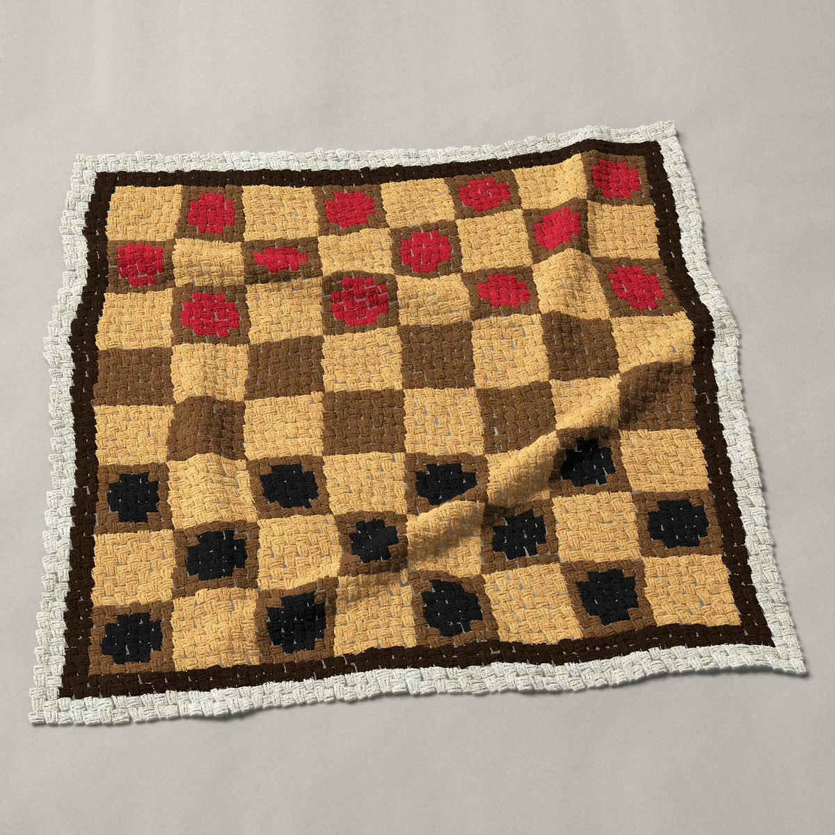 A panel worked corner to corner, 48 by 48 inches: Checkers board game set up with red and black pieces, 64 by 64 blocks
