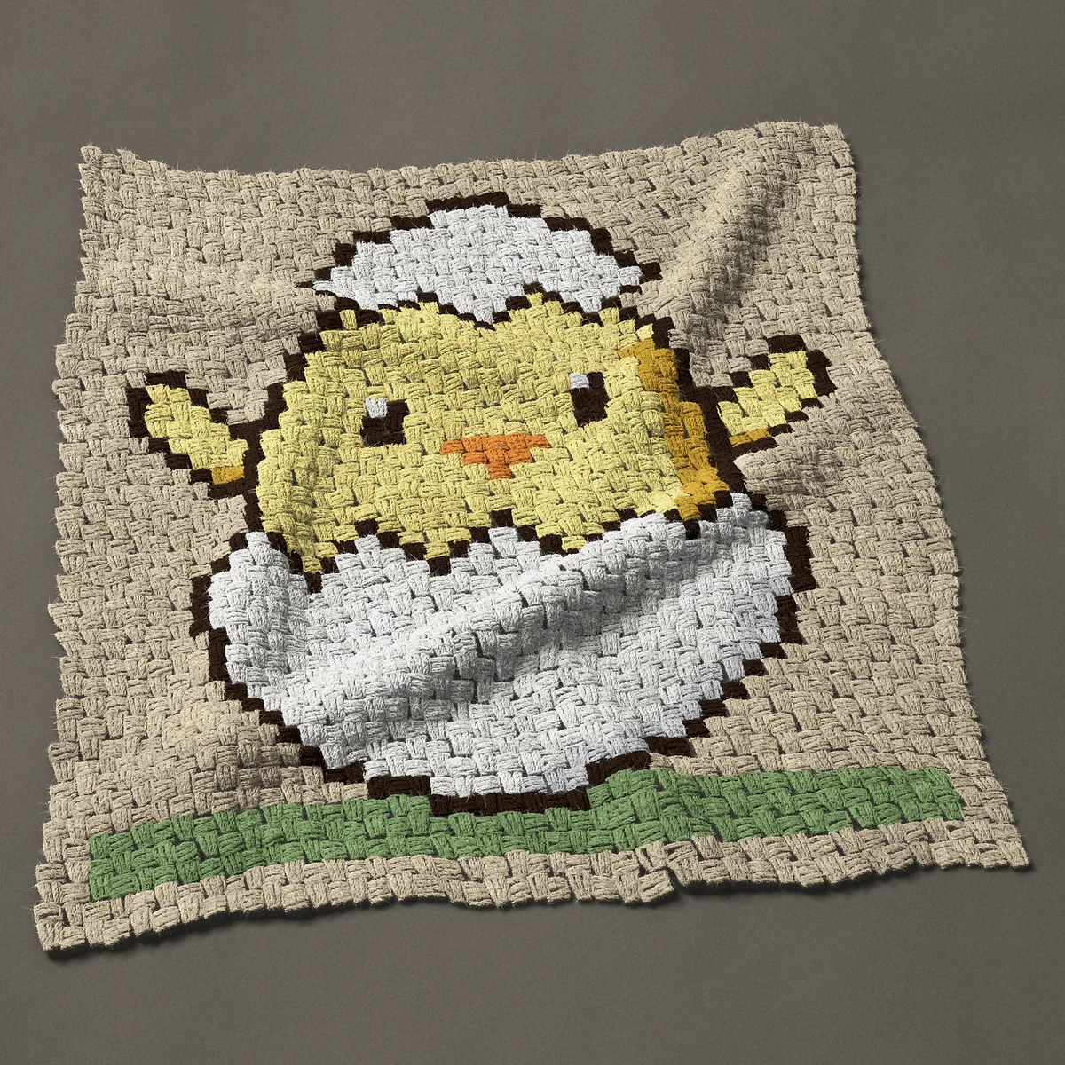 A panel worked corner to corner, 32¼ by 35¼ inches: Easter chick hatching from a cracked egg, 43 by 47 blocks