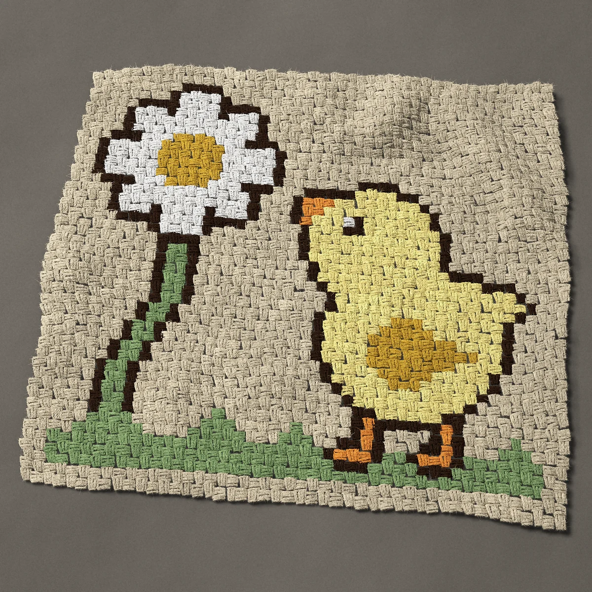 A panel worked corner to corner, 35¼ by 33 inches: Spring chick looking up at a daisy in the grass, 47 by 44 blocks
