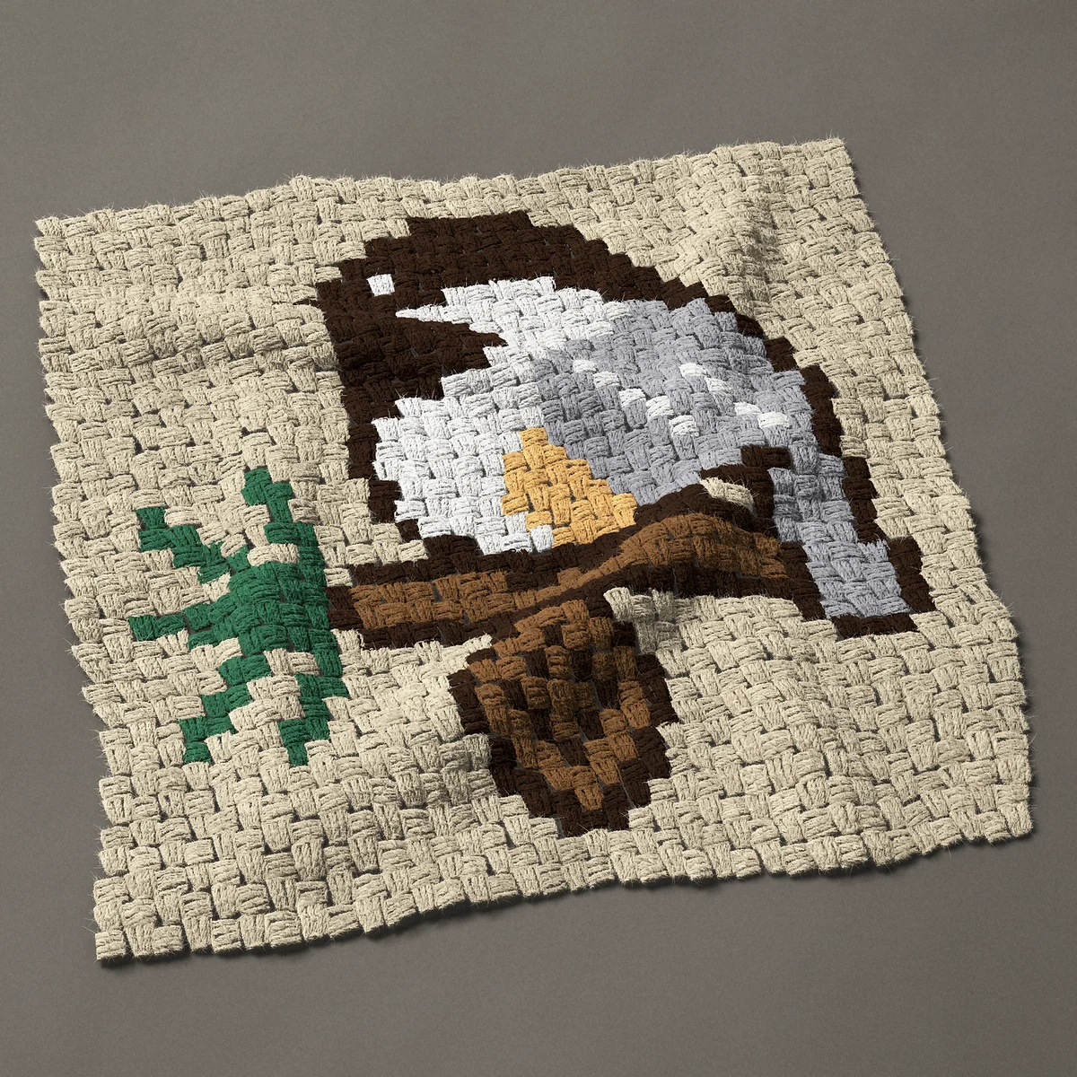 A panel worked corner to corner, 27 by 27 inches: Chickadee on a pine twig with a pine cone, 36 by 36 blocks
