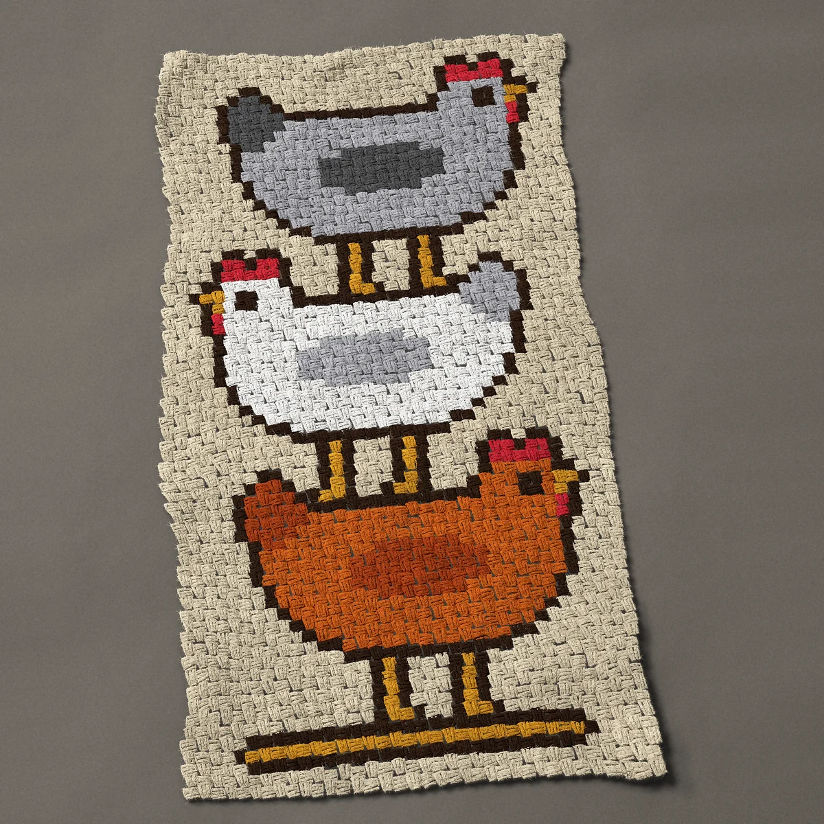 A baby blanket worked corner to corner, 27 by 51½ inches: Chicken stack: three hens on each other's backs, 36 by 69 blocks