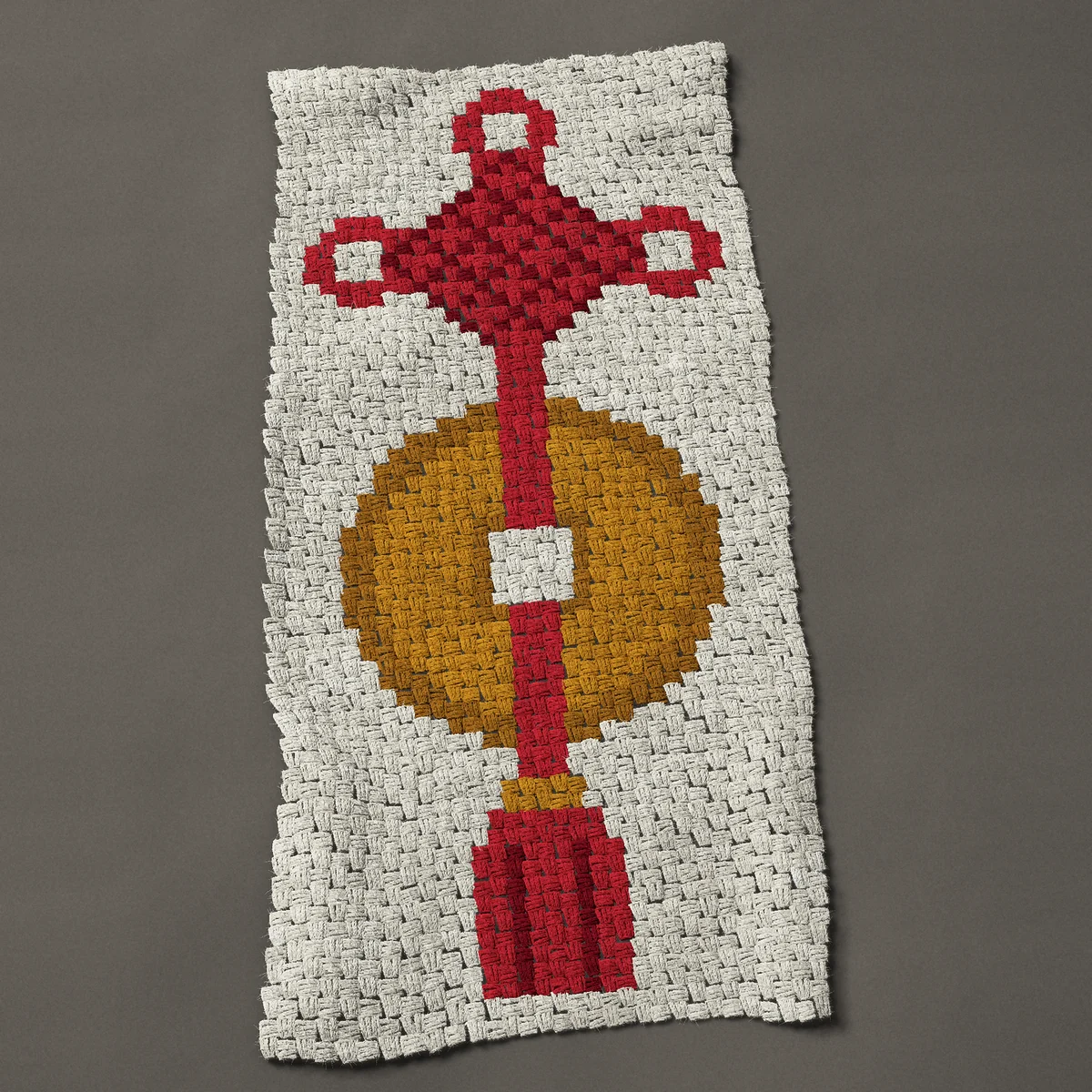 A panel worked corner to corner, 23¼ by 49½ inches: Chinese lucky coin charm with a red knot and tassel, 31 by 66 blocks