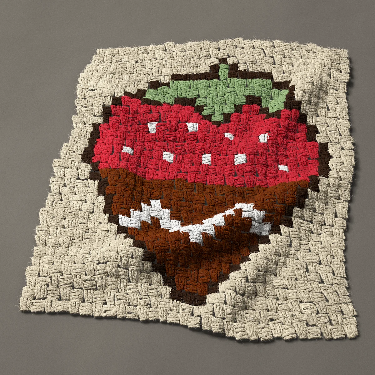 A panel worked corner to corner, 21¾ by 24¾ inches: Chocolate dipped strawberry with white drizzle, 29 by 33 blocks
