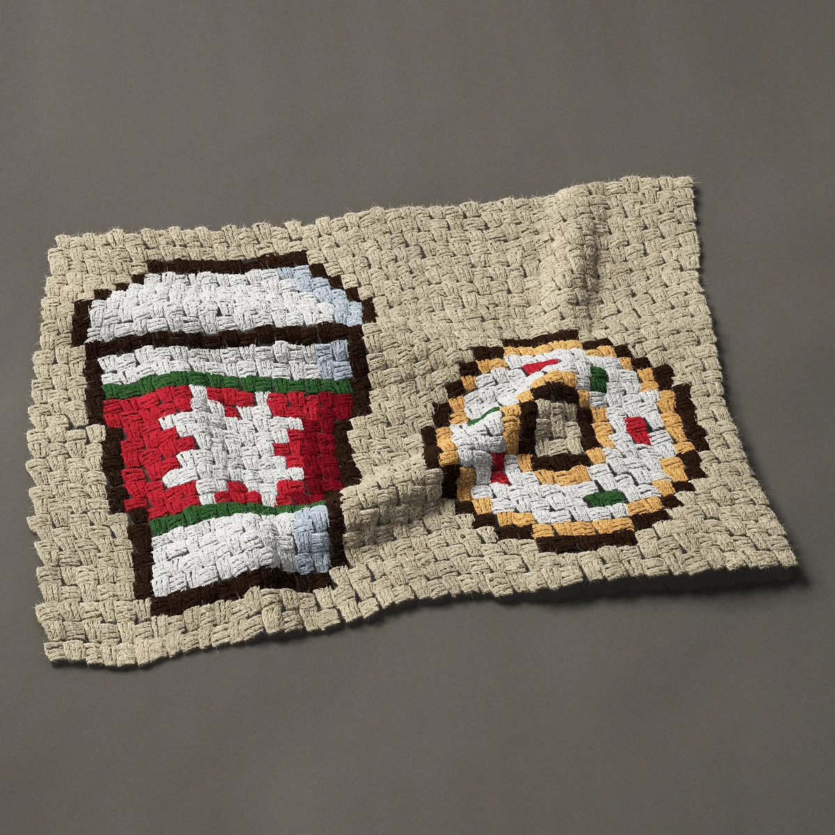 A panel worked corner to corner, 31½ by 22½ inches: Christmas coffee cup to go and a frosted donut, 42 by 30 blocks