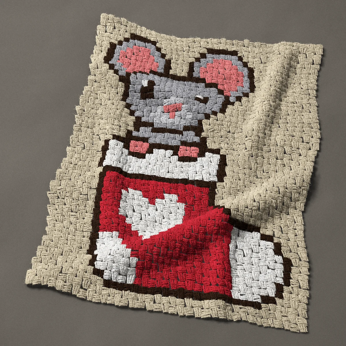 A baby blanket worked corner to corner, 27¾ by 37½ inches: Christmas mouse in a red stocking with a white heart, 37 by 50 blocks