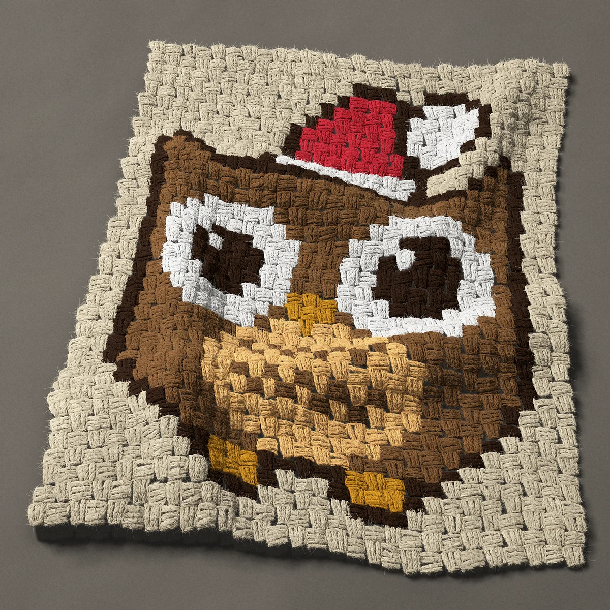 A panel worked corner to corner, 21¾ by 27¾ inches: Christmas owl in a Santa hat, 29 by 37 blocks