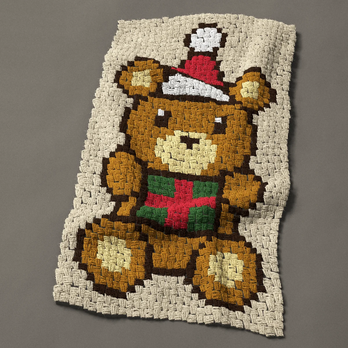 A panel worked corner to corner, 23¼ by 41 inches: Christmas teddy bear in a Santa hat with a present, 31 by 55 blocks