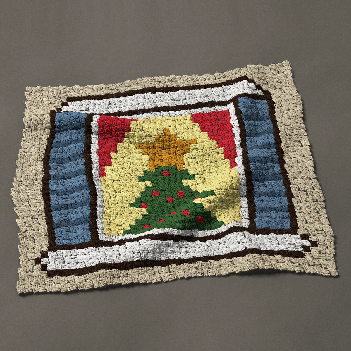 A panel worked corner to corner, 33¾ by 29¼ inches: Christmas tree in a snowy window with blue shutters, 45 by 39 blocks