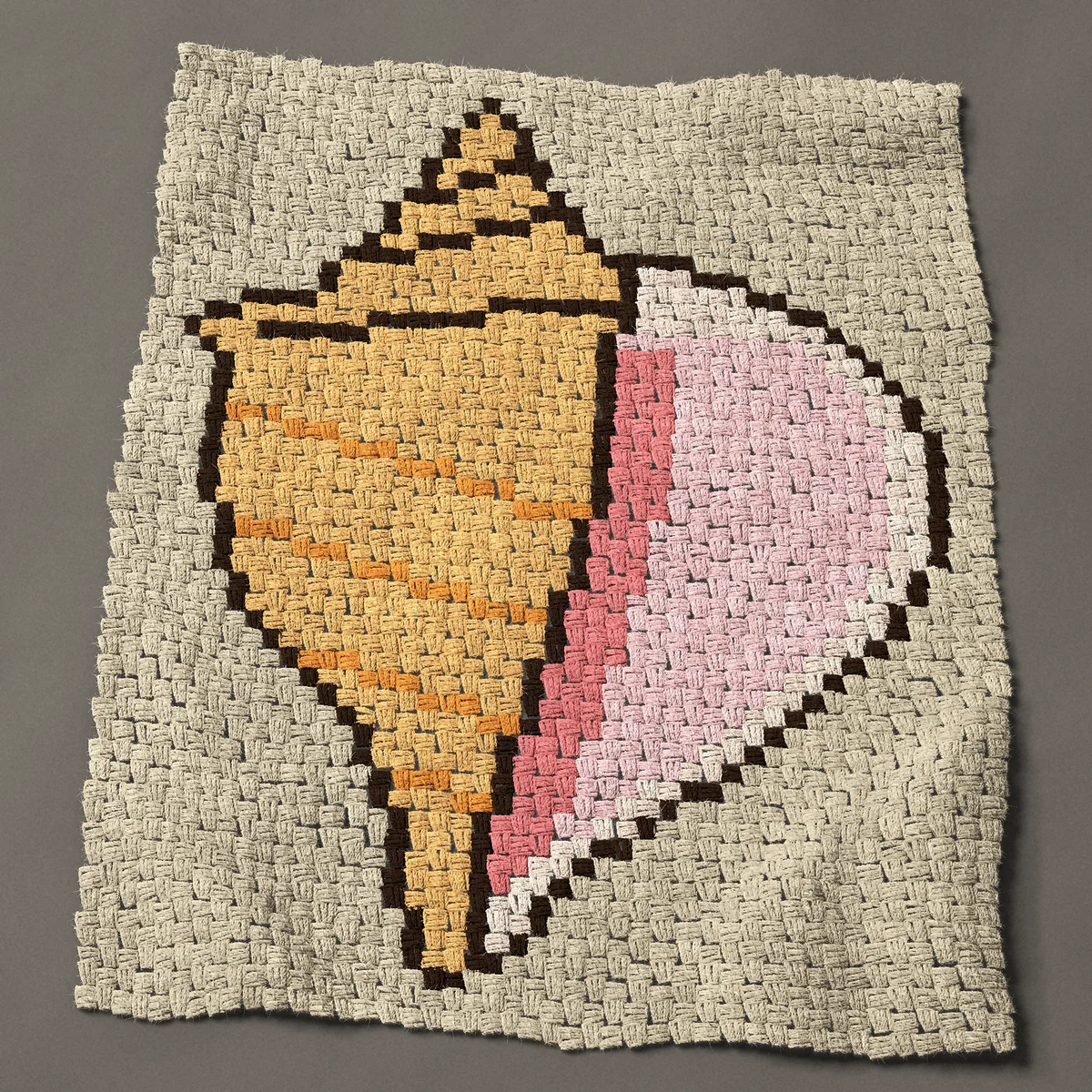 A baby blanket worked corner to corner, 33 by 41 inches: Conch seashell with a flared pink lip, 44 by 55 blocks