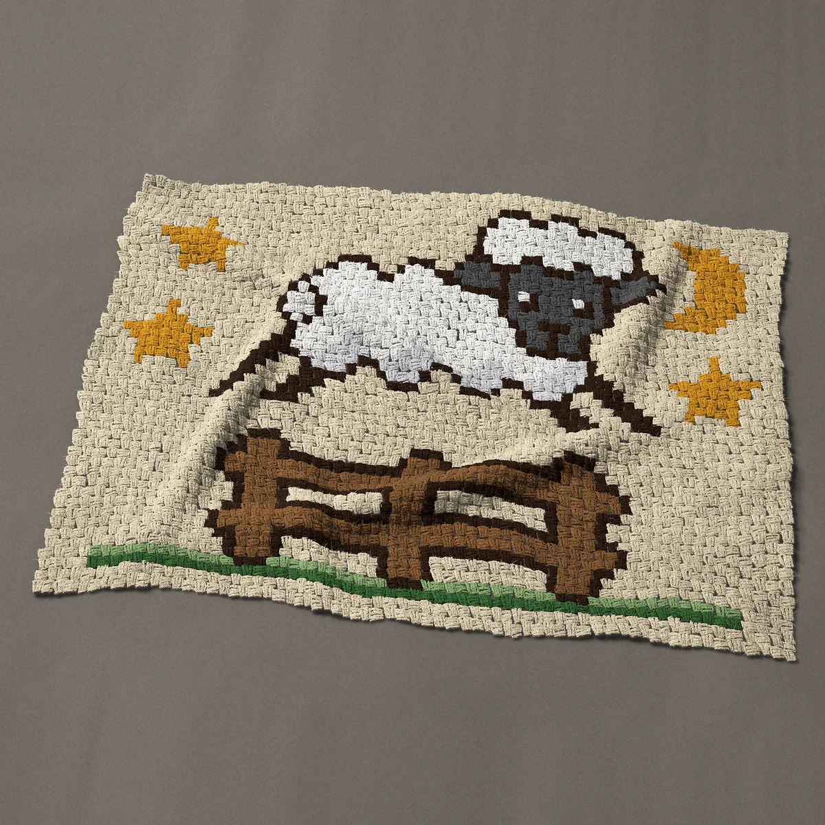 A baby blanket worked corner to corner, 50 by 36 inches: Counting sheep jumping a fence under moon and stars, 67 by 48 blocks