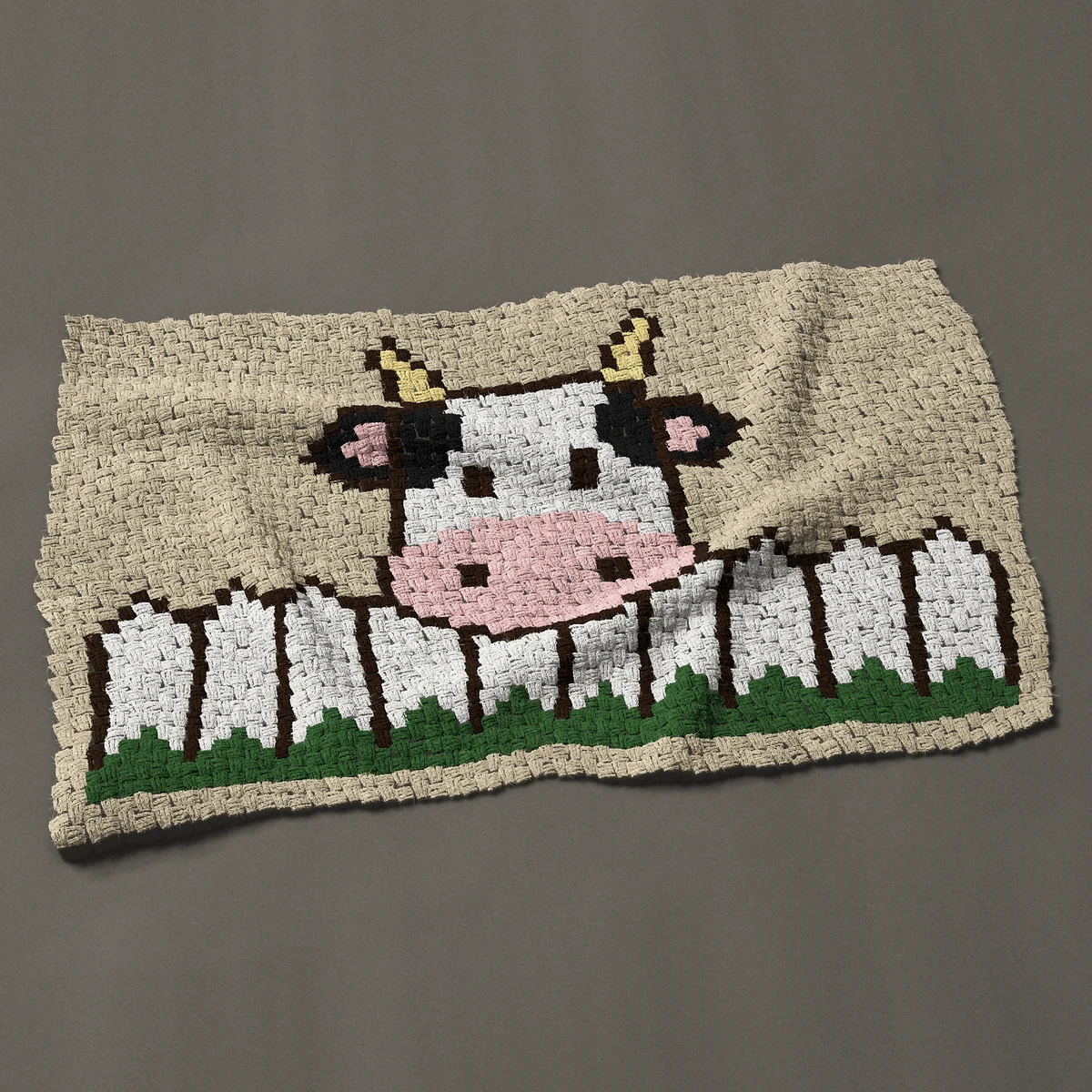 A baby blanket worked corner to corner, 48½ by 31½ inches: Cow behind a white picket fence, 65 by 42 blocks