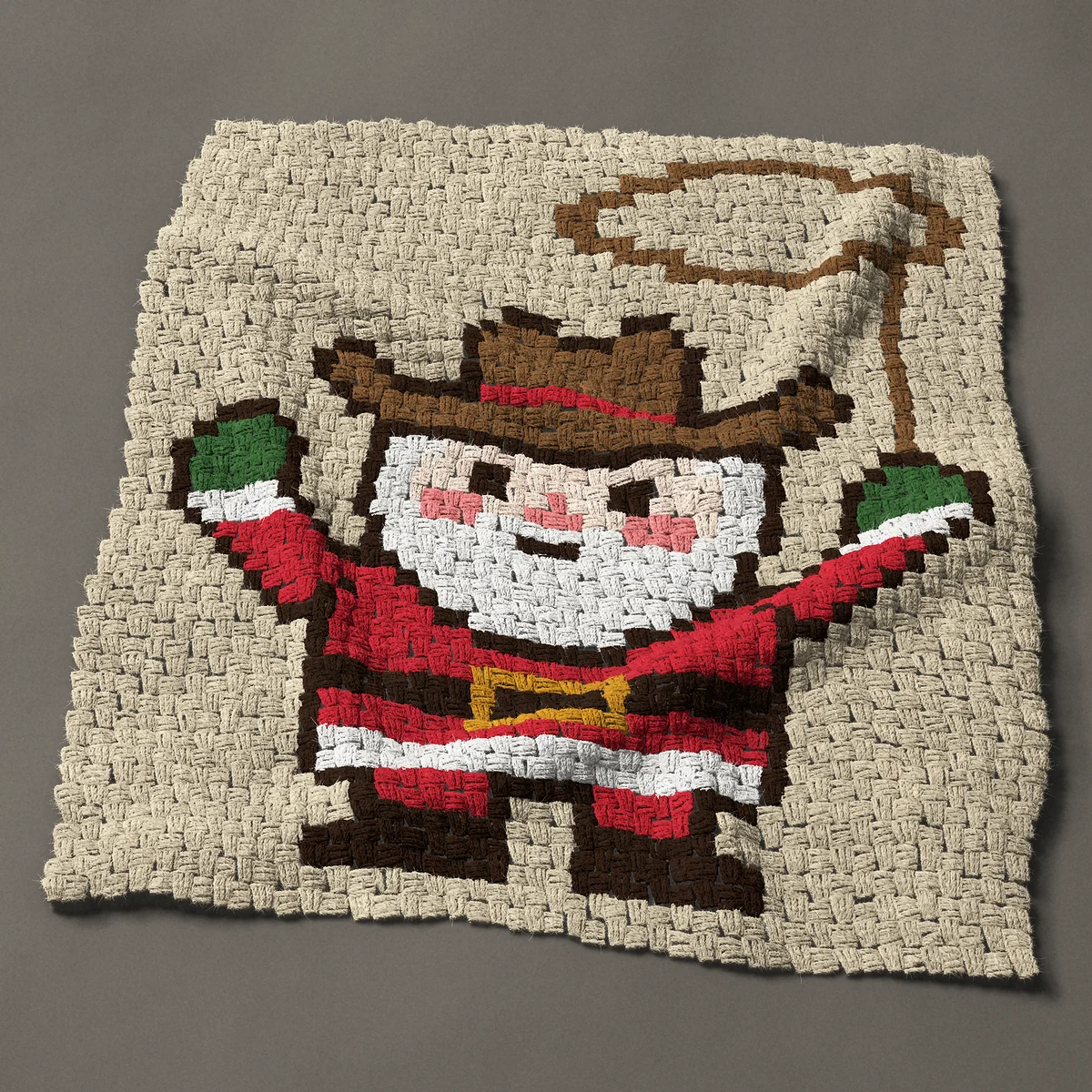 A baby blanket worked corner to corner, 33¾ by 36¾ inches: Cowboy Santa in a cowboy hat twirling a lasso, 45 by 49 blocks