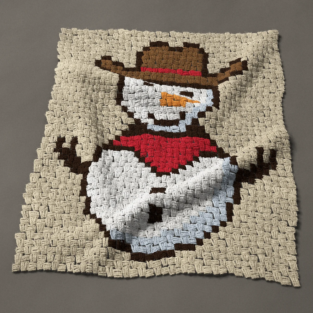 A panel worked corner to corner, 28½ by 34½ inches: Cowboy snowman in a brown cowboy hat and red bandana, 38 by 46 blocks