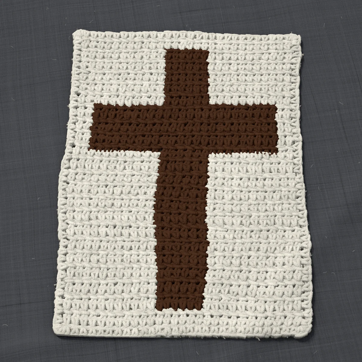 A panel in single crochet, 8.6 by 11.7 inches: a cross in dark brown on a cream ground, 28 stitches by 44 rows